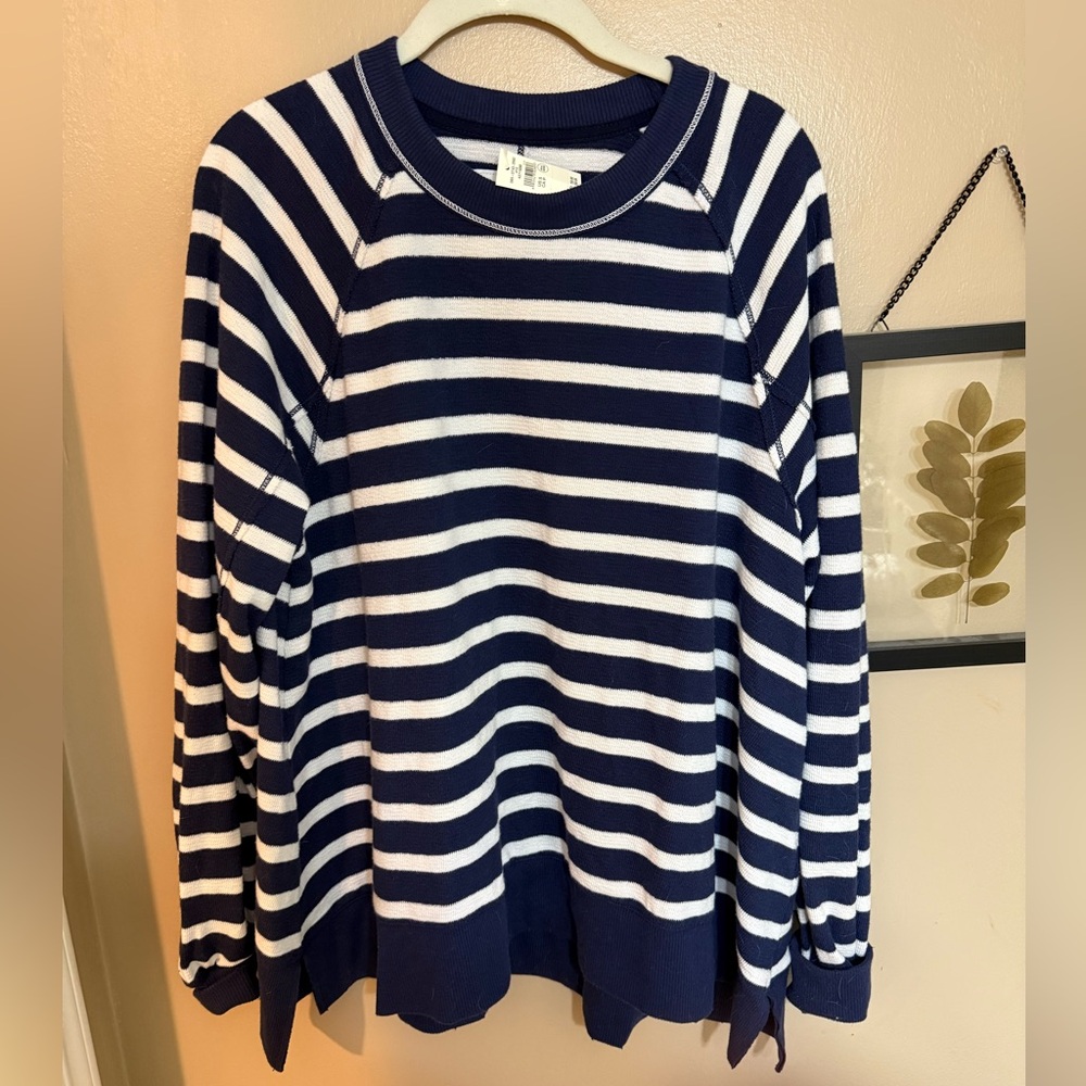 Aerie East West Blue Cream Striped Beach Nautical Crew Sweatshirt Size S NWT